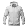 A White full-zip hoodie with a drawstring hood and front kangaroo pockets, shown on a plain white background.