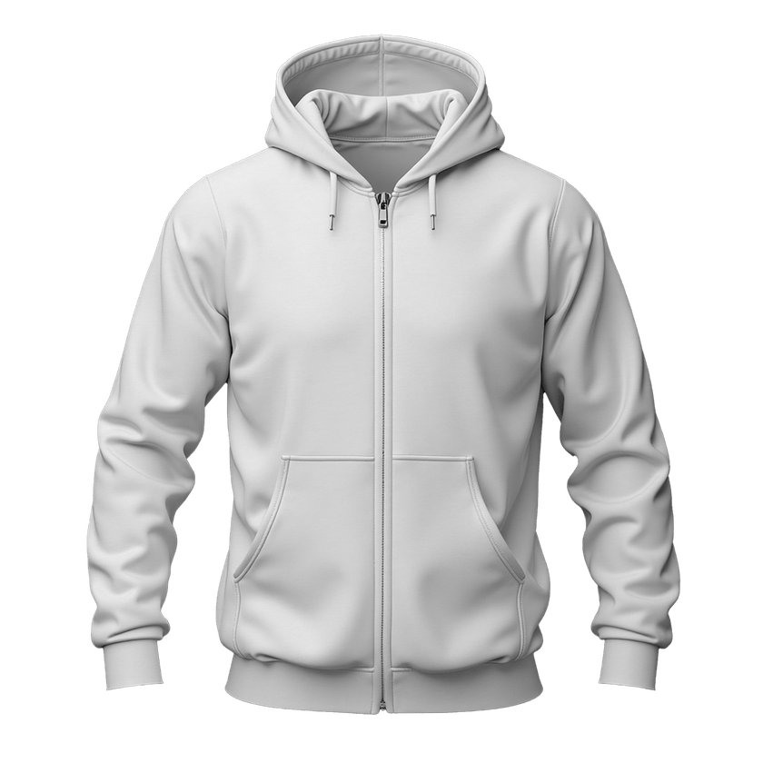 A White full-zip hoodie with a drawstring hood and front kangaroo pockets, shown on a plain white background.