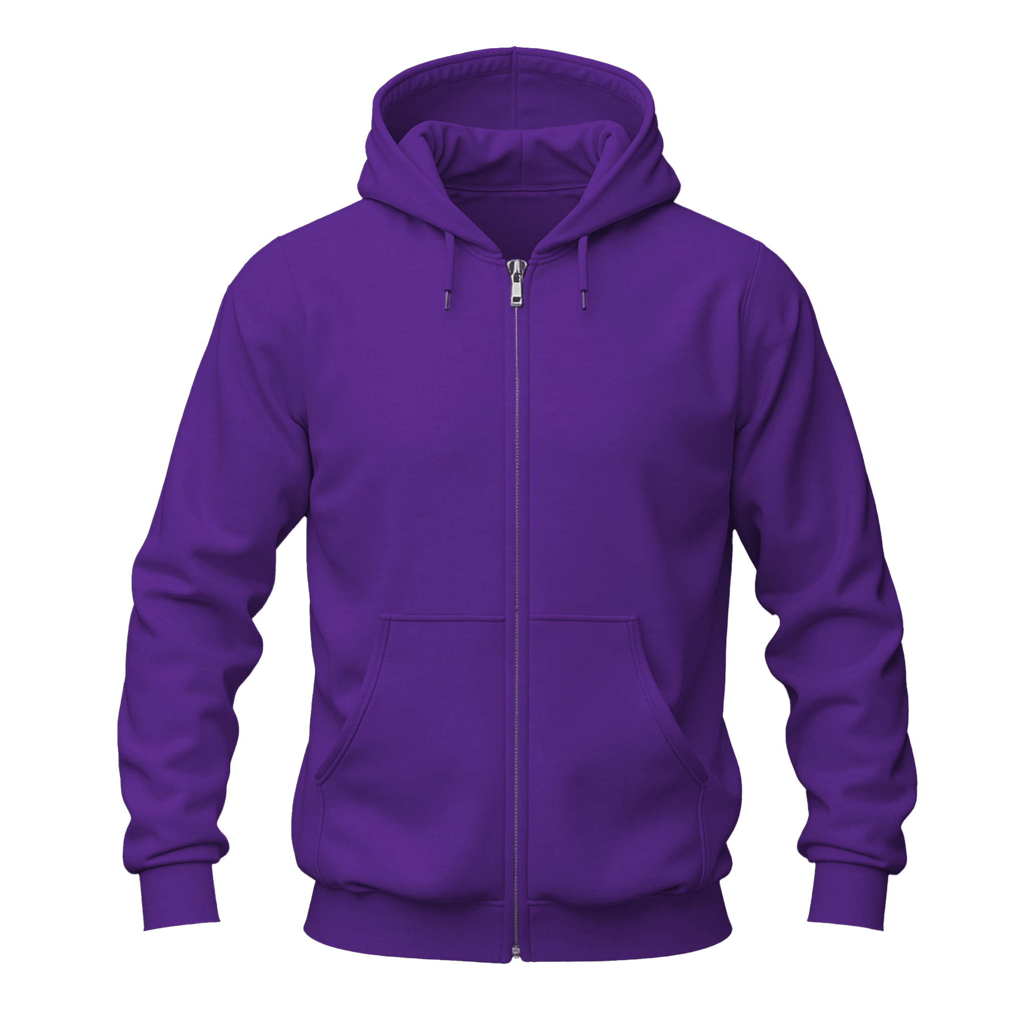 A solid purple full-zip hoodie with a drawstring hood, ribbed cuffs and hem, and a front kangaroo pocket, shown on a plain white background.