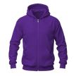 A solid purple full-zip hoodie with a drawstring hood, ribbed cuffs and hem, and a front kangaroo pocket, shown on a plain white background.