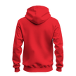A bright red pullover hoodie shown from the back, photographed on a clean white background.