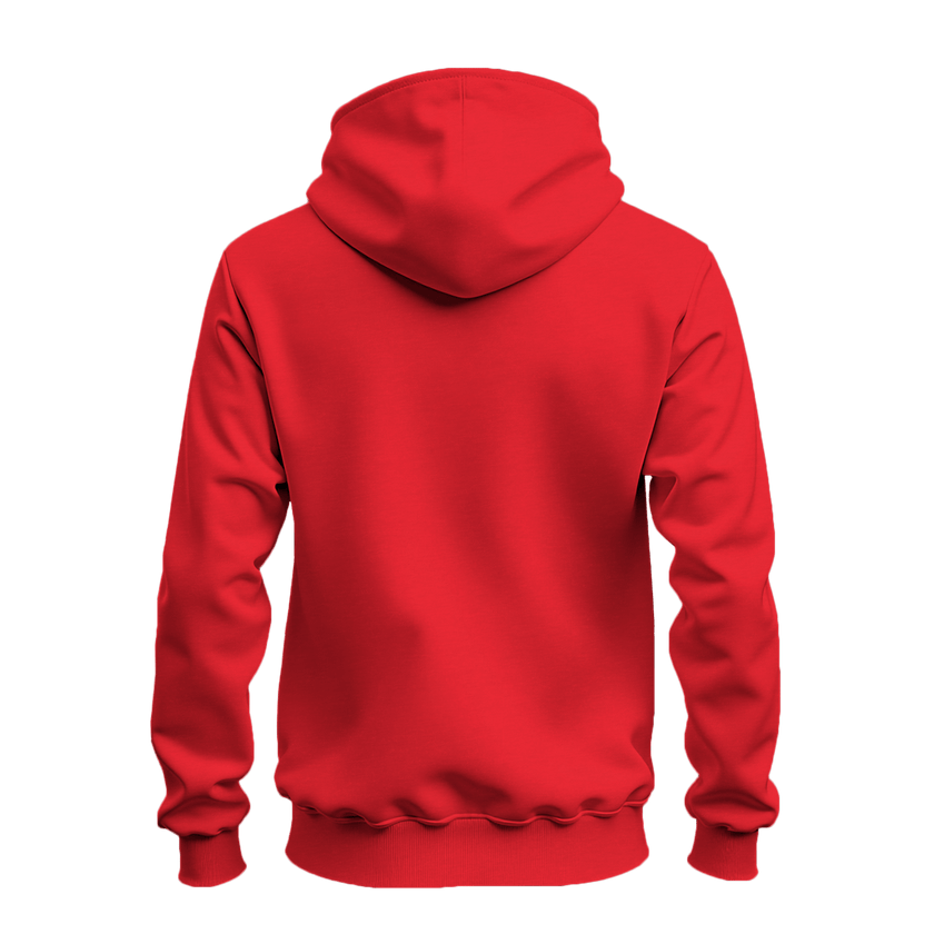 A bright red pullover hoodie shown from the back, photographed on a clean white background.