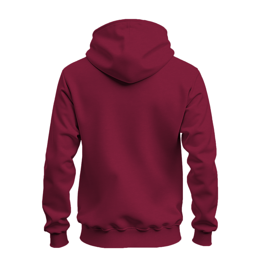 A dark red pullover hoodie shown from the back, displayed on a clean white background.