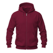 A maroon zip-up hoodie with a full-length front zipper, drawstring hood, and kangaroo pockets, shown on a plain white background.