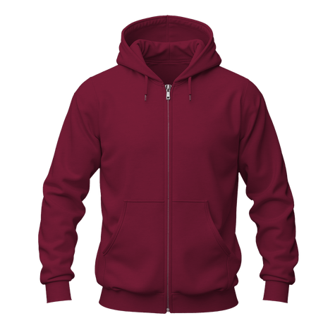 A maroon zip-up hoodie with a full-length front zipper, drawstring hood, and kangaroo pockets, shown on a plain white background.