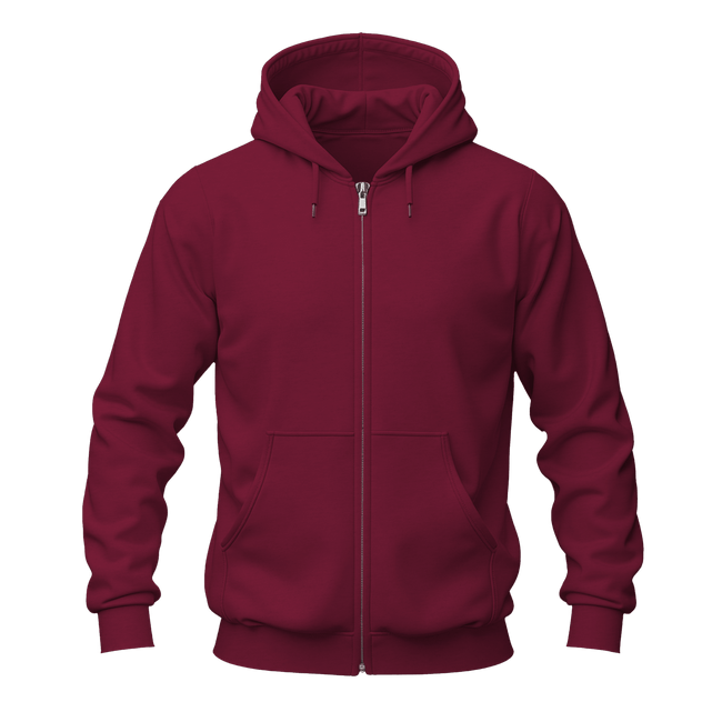 A maroon zip-up hoodie with a full-length front zipper, drawstring hood, and kangaroo pockets, shown on a plain white background.