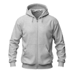 A Ash zip-up hoodie with a full front zipper, drawstring hood, ribbed cuffs and hem, and a front kangaroo pocket, shown on a plain white background.