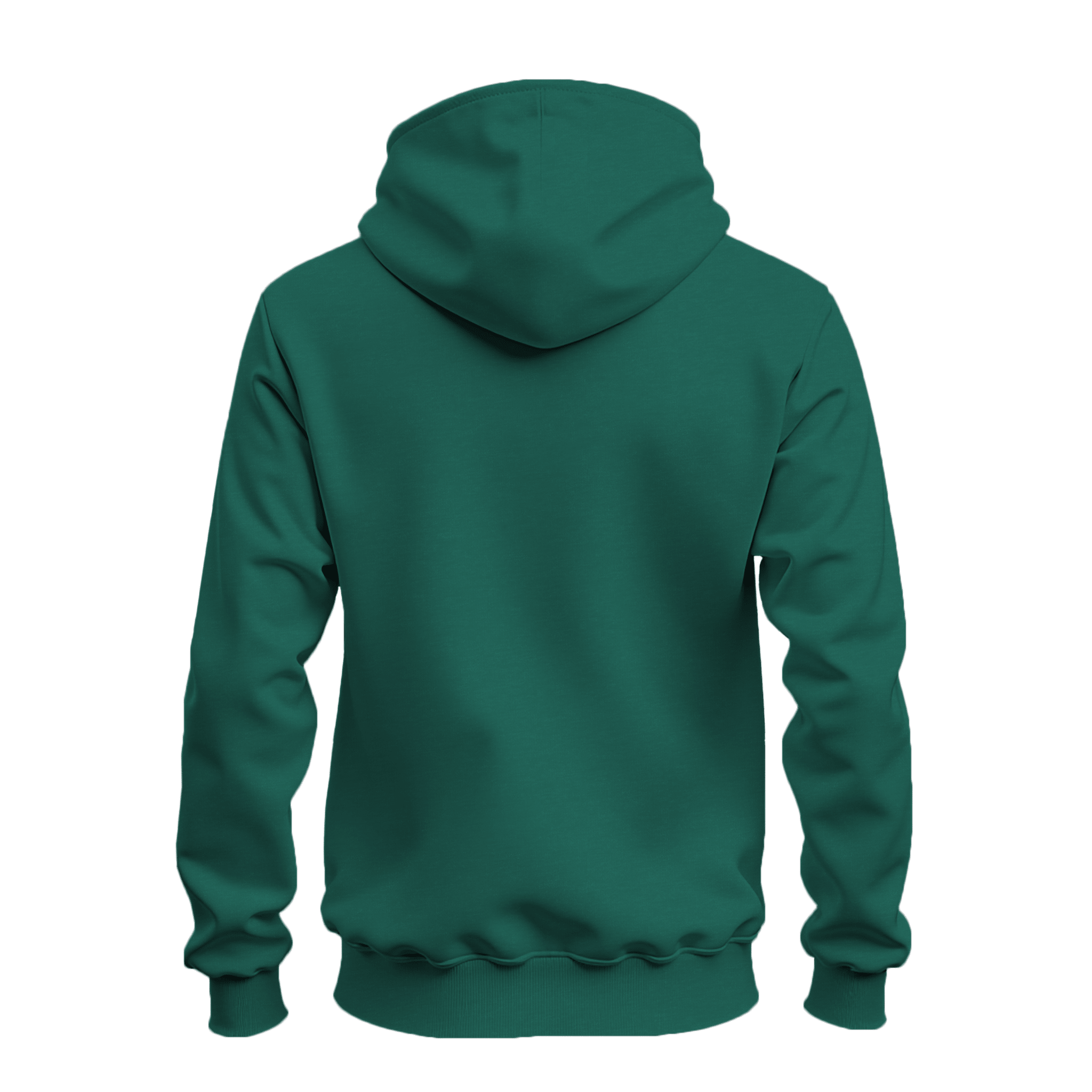 A dark green pullover hoodie shown from the back, displayed on a clean white background.