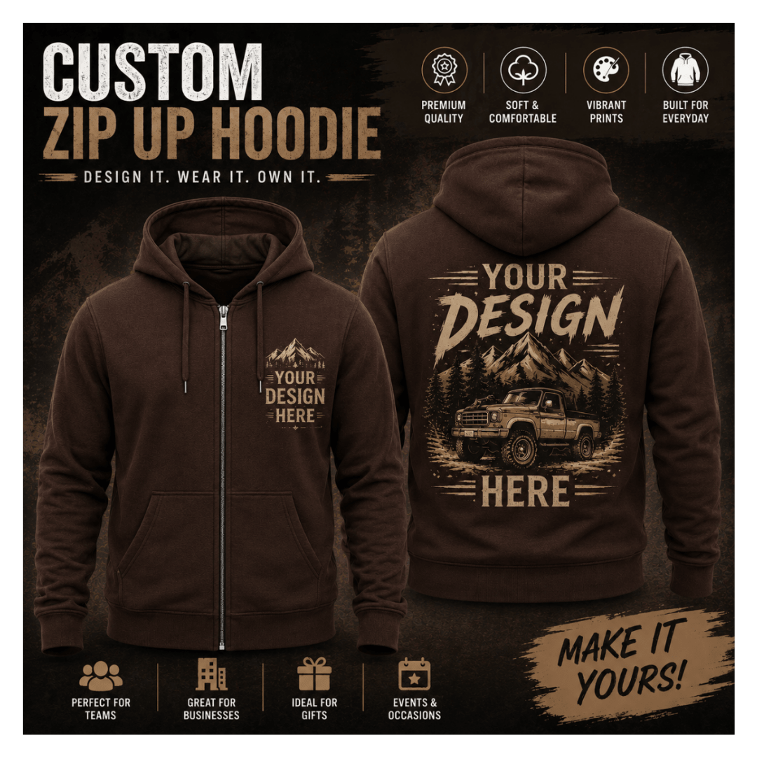 Custom zip-up hoodie shown from both front and back views on a dark promotional background. The hoodie is dark brown with a tan/cream printed graphic area.