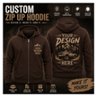 Custom zip-up hoodie shown from both front and back views on a dark promotional background. The hoodie is dark brown with a tan/cream printed graphic area.