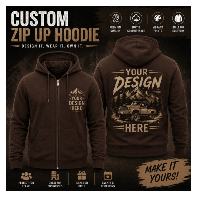 Custom zip-up hoodie shown from both front and back views on a dark promotional background. The hoodie is dark brown with a tan/cream printed graphic area.