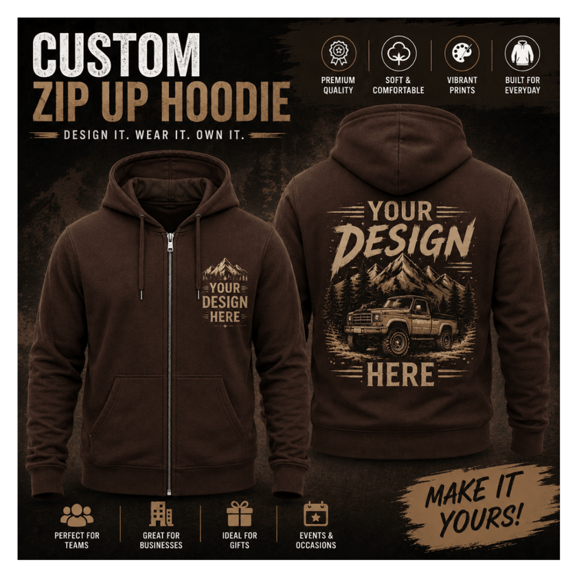 Custom zip-up hoodie shown from both front and back views on a dark promotional background. The hoodie is dark brown with a tan/cream printed graphic area.