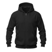 A black zip-up hoodie with a drawstring hood, front pockets, and ribbed cuffs and hem, shown on a plain white background.