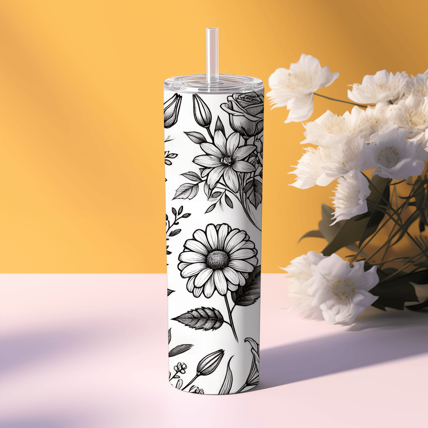 High-quality stainless steel 20oz and 30oz skinny tumblers customizable with names, logos, or artwork.