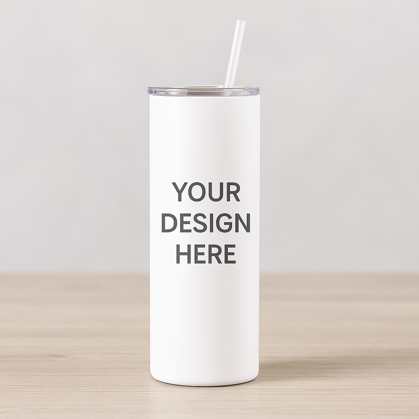 Custom 20oz and 30oz skinny tumblers with name personalization and design options, perfect for gifts, businesses.