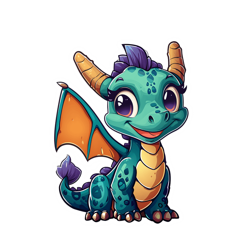 Cartoon dragon with orange wings and purple hair on a white background