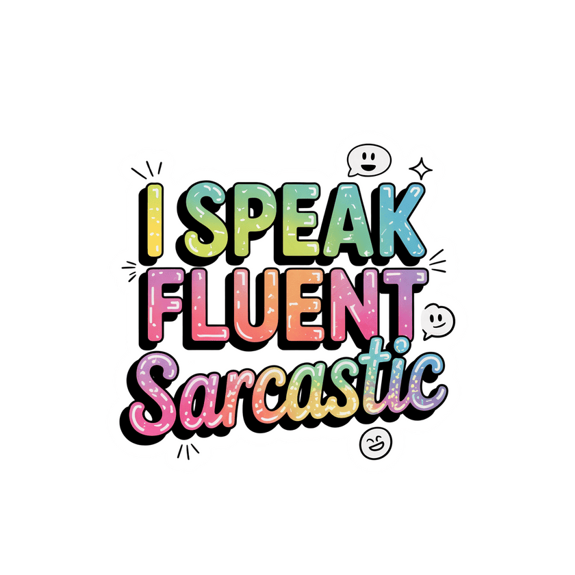 Colorful text 'I Speak Fluent Sarcastic' with smiley face icons on a white background