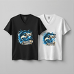Black and white V-neck t-shirt with fishing graphic design on a gray background