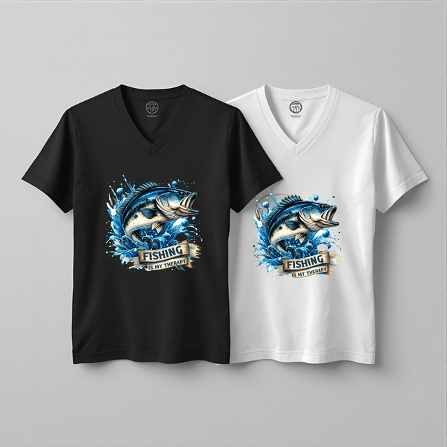Black and white V-neck t-shirt with fishing graphic design on a gray background