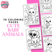 Black-and-white kids coloring pages bundle with playful baby animals, hearts, flowers, and fun poses for preschool coloring