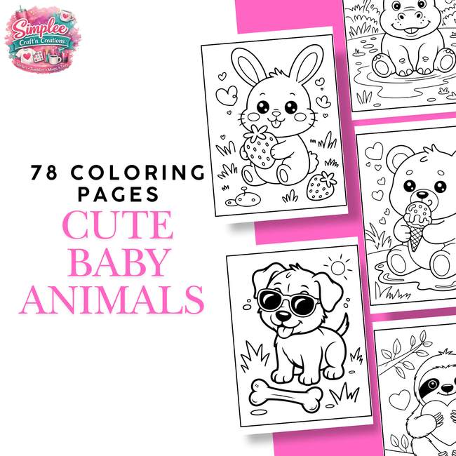 Black-and-white kids coloring pages bundle with playful baby animals, hearts, flowers, and fun poses for preschool coloring