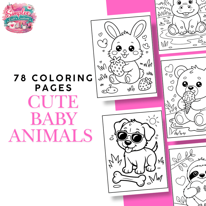 Black-and-white kids coloring pages bundle with playful baby animals, hearts, flowers, and fun poses for preschool coloring