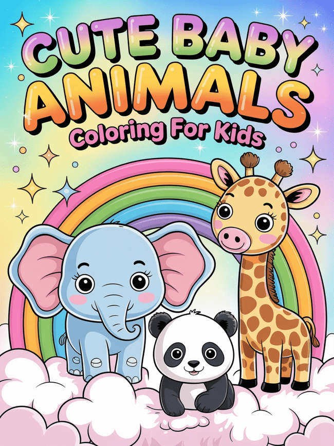 Adorable kawaii-style printable coloring sheets featuring baby sloth holding heart, panda cub, and giraffe under rainbow