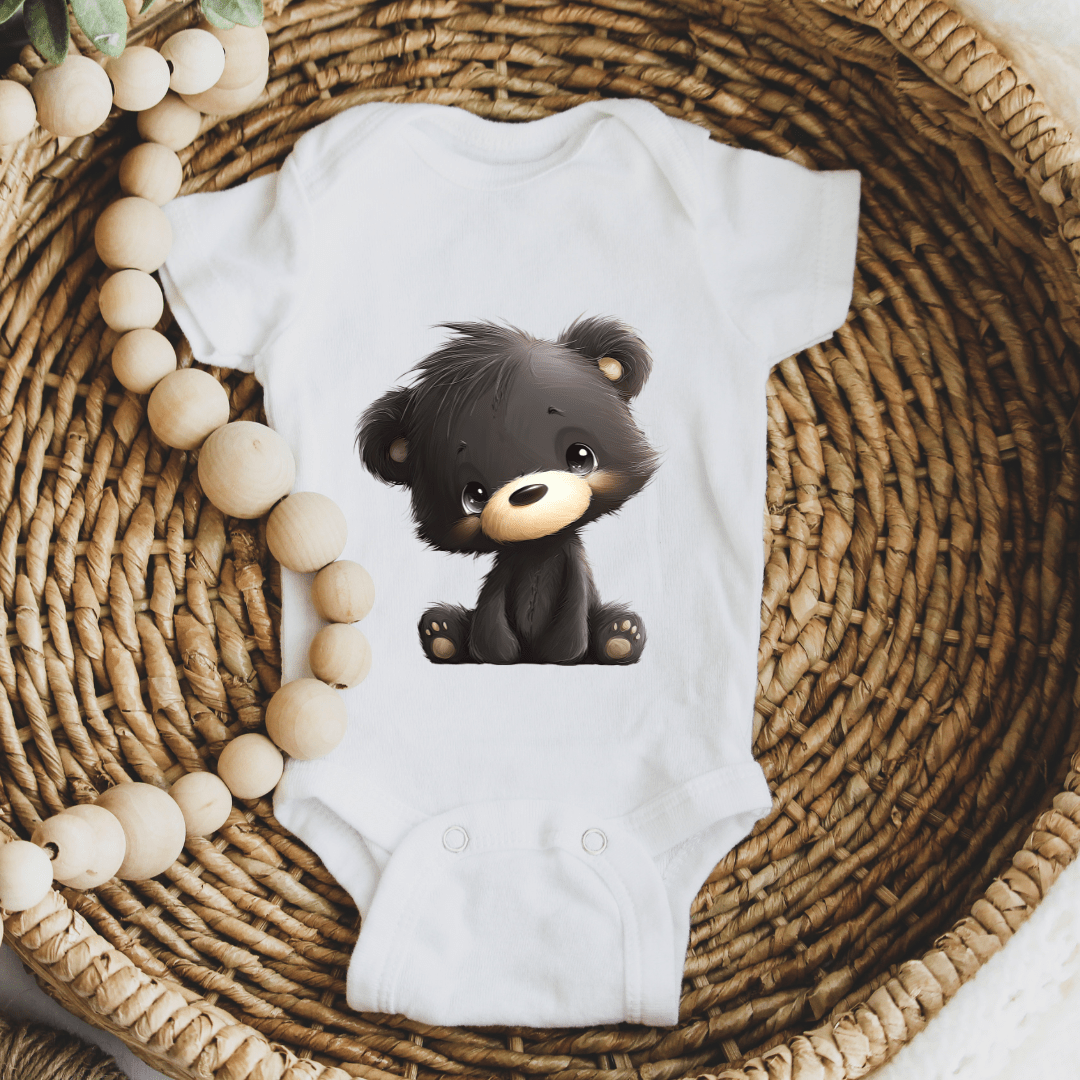 Cute Black Bear Baby Onesie | Adorable Woodland Baby Bodysuit
