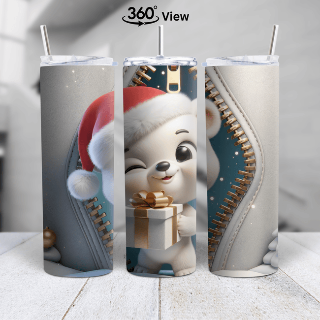 Cute Christmas bear zipper tumbler featuring a winking bear in a Santa hat holding a gift in a 360-degree design.