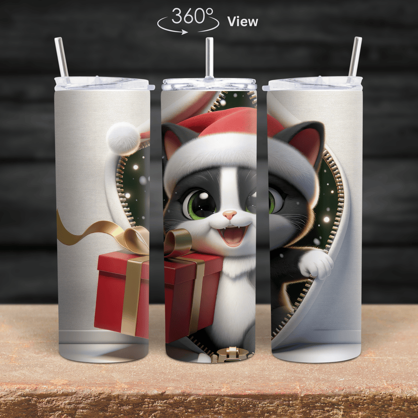 Adorable Christmas cat tumbler featuring a Santa kitty holding a gift with a festive zipper design