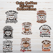 Collection of cute kawaii coffee stickers featuring funny sayings, sleepy coffee cups, hearts, espresso mugs, and more.