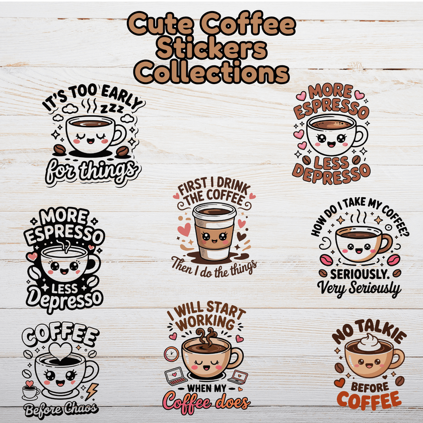 Collection of cute kawaii coffee stickers featuring funny sayings, sleepy coffee cups, hearts, espresso mugs, and more.