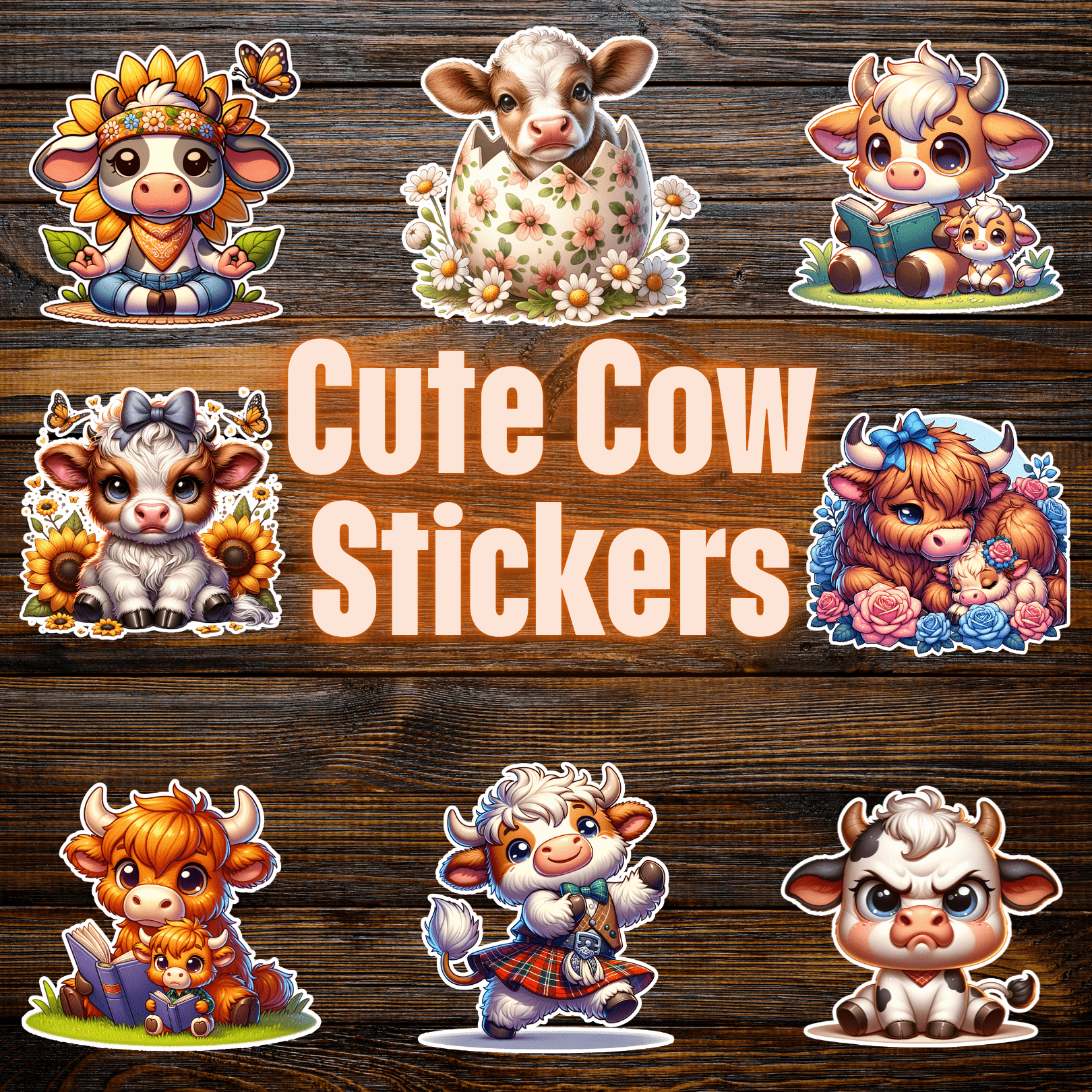 Adorable cute cow sticker pack featuring baby calves with sunflowers, flowers, and farm animal designs.