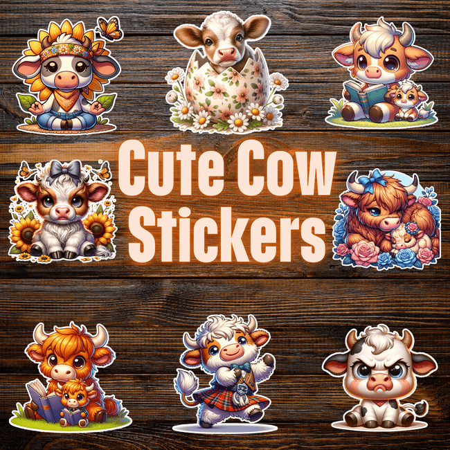 Adorable cute cow sticker pack featuring baby calves with sunflowers, flowers, and farm animal designs.