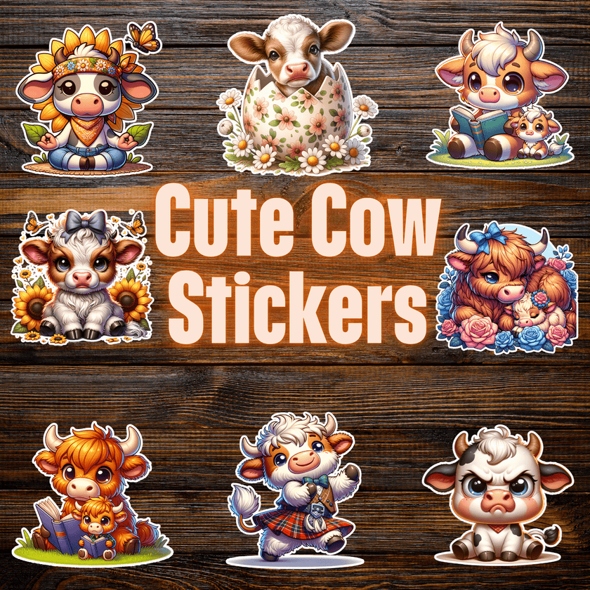 Adorable cute cow sticker pack featuring baby calves with sunflowers, flowers, and farm animal designs.