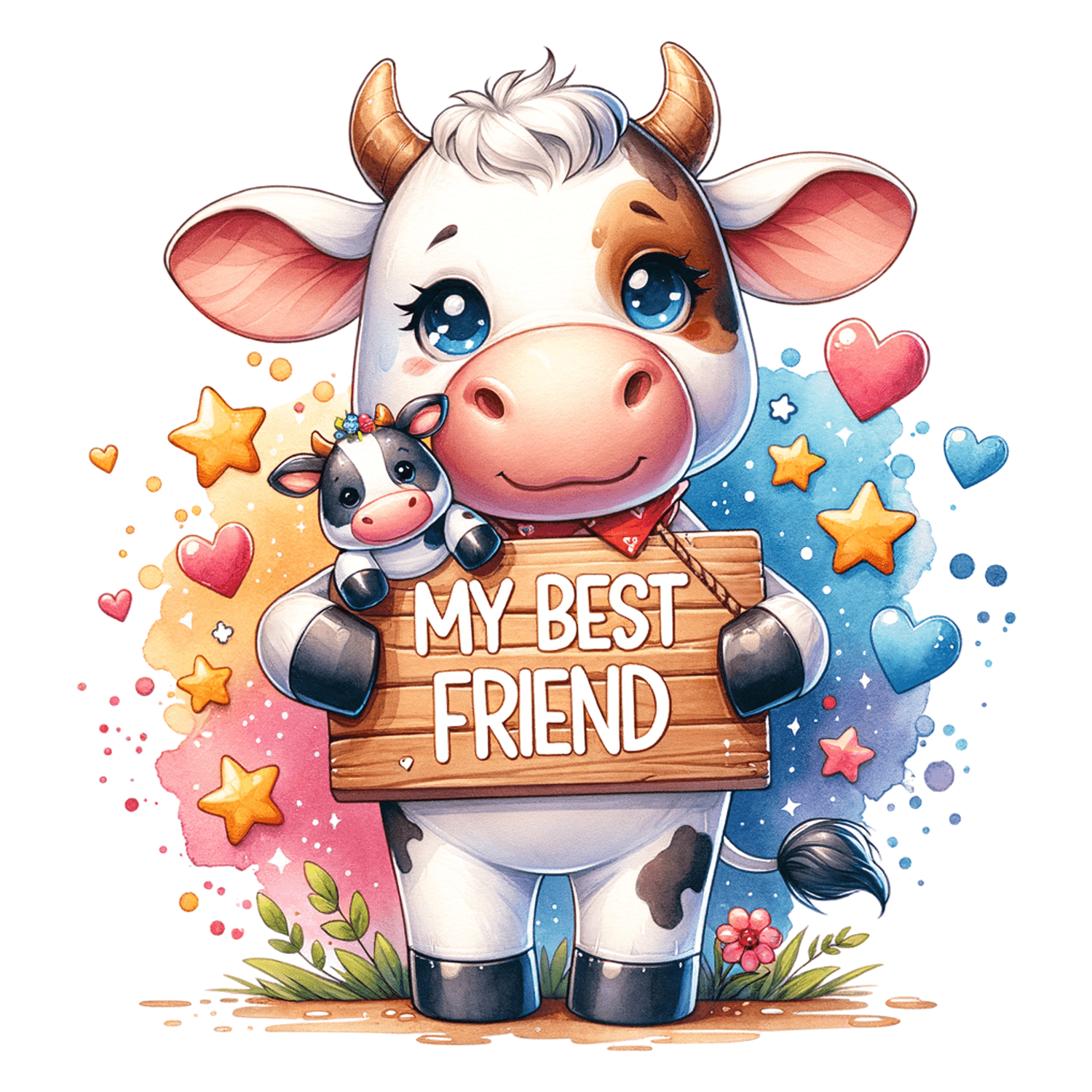 Set of kawaii cow stickers with colorful baby farm animals and floral accents. Great for crafting, scrapbooking and more.