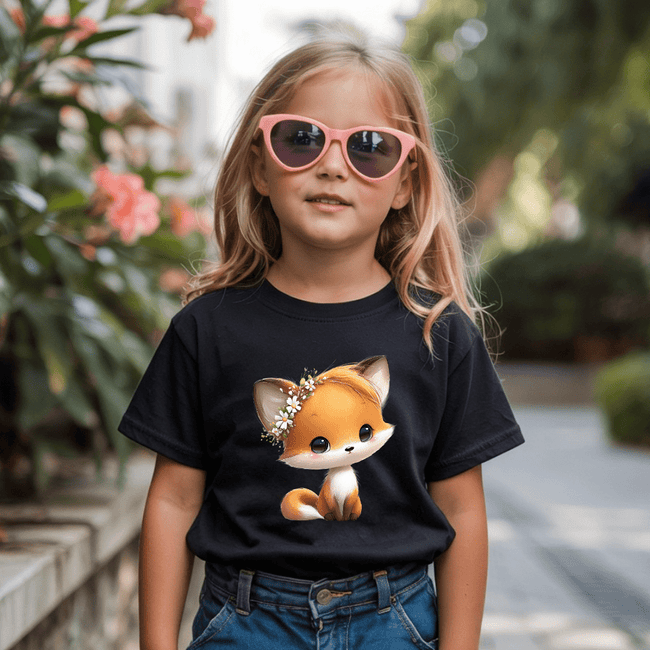 Child wearing a black t-shirt with a fox graphic and pink sunglasses outdoors.