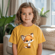 Child wearing a yellow t-shirt with a fox design in a home setting
