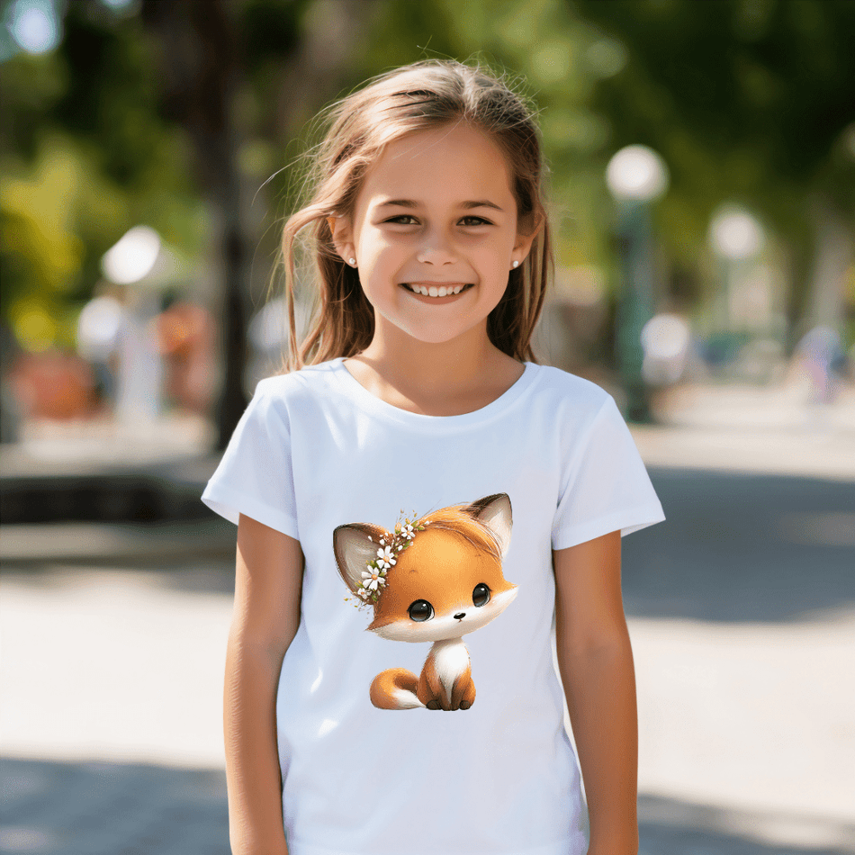 White youth t shirt displaying an adorable fox illustration with flower crown for girls fashion