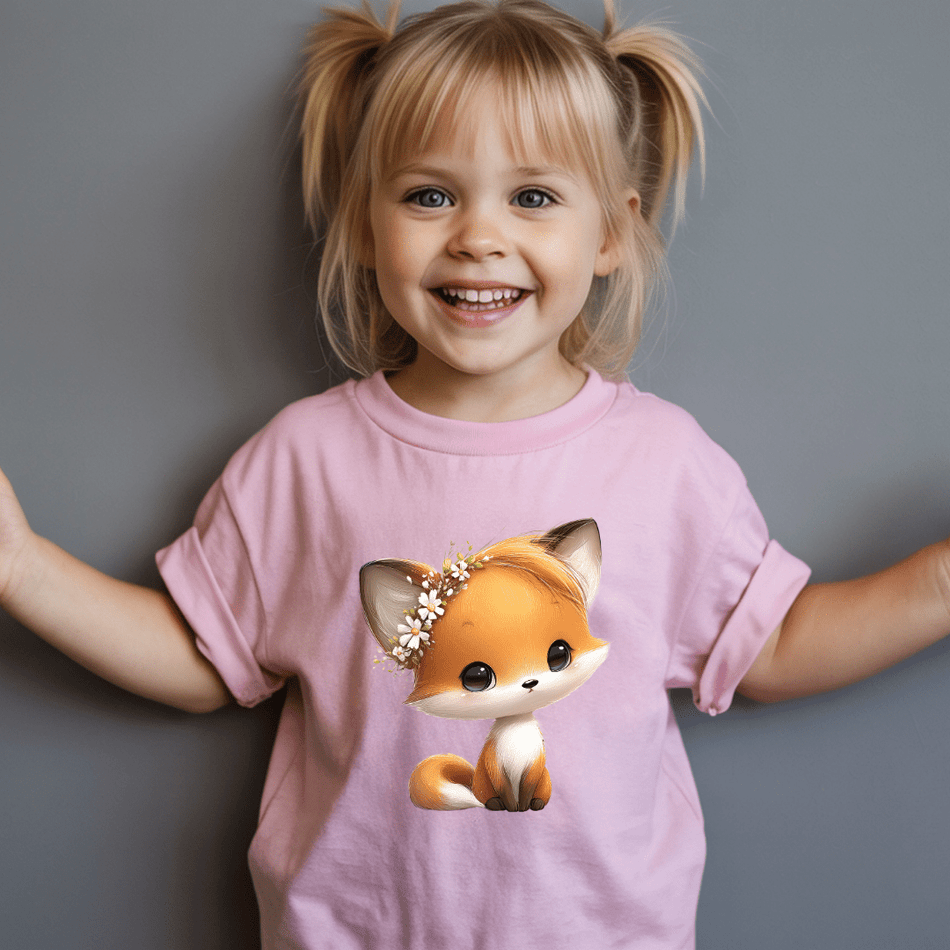 Pink youth graphic tee featuring a cute floral fox design perfect for animal loving children