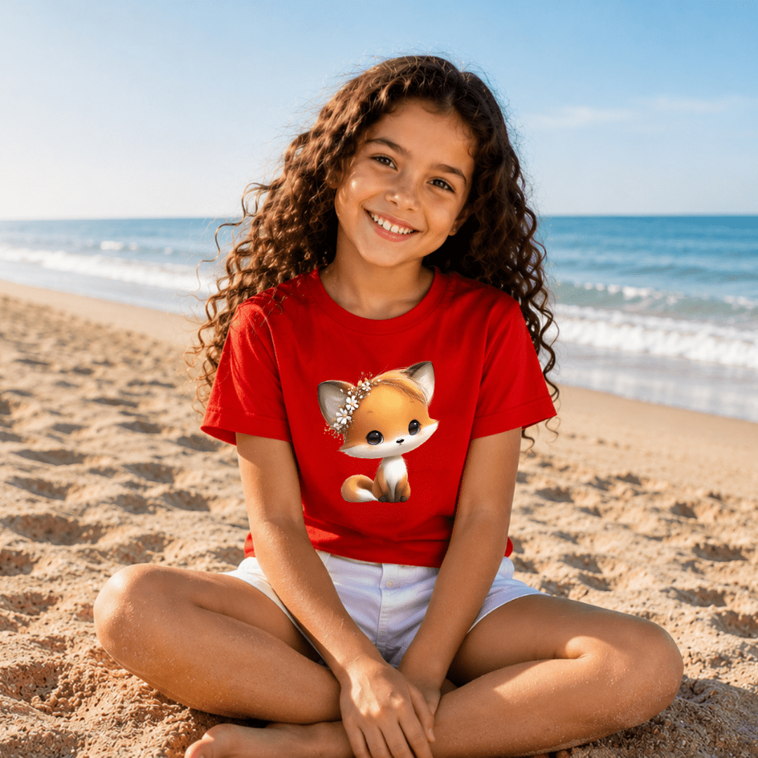 Red youth shirt showcasing a whimsical woodland fox illustration ideal for girls and animal lovers