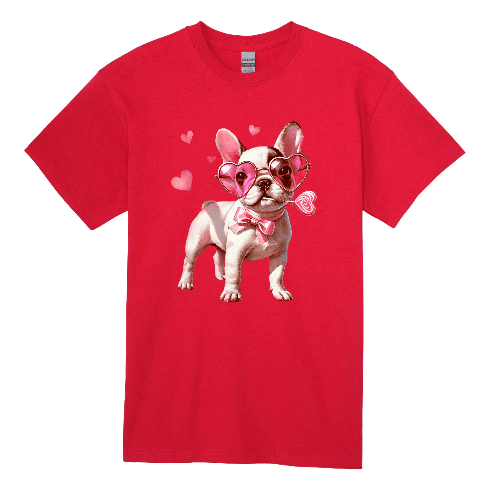 Playful French Bulldog wearing love-themed sunglasses and bowtie on red adult T-shirt design