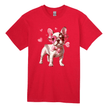 Playful French Bulldog wearing love-themed sunglasses and bowtie on red adult T-shirt design