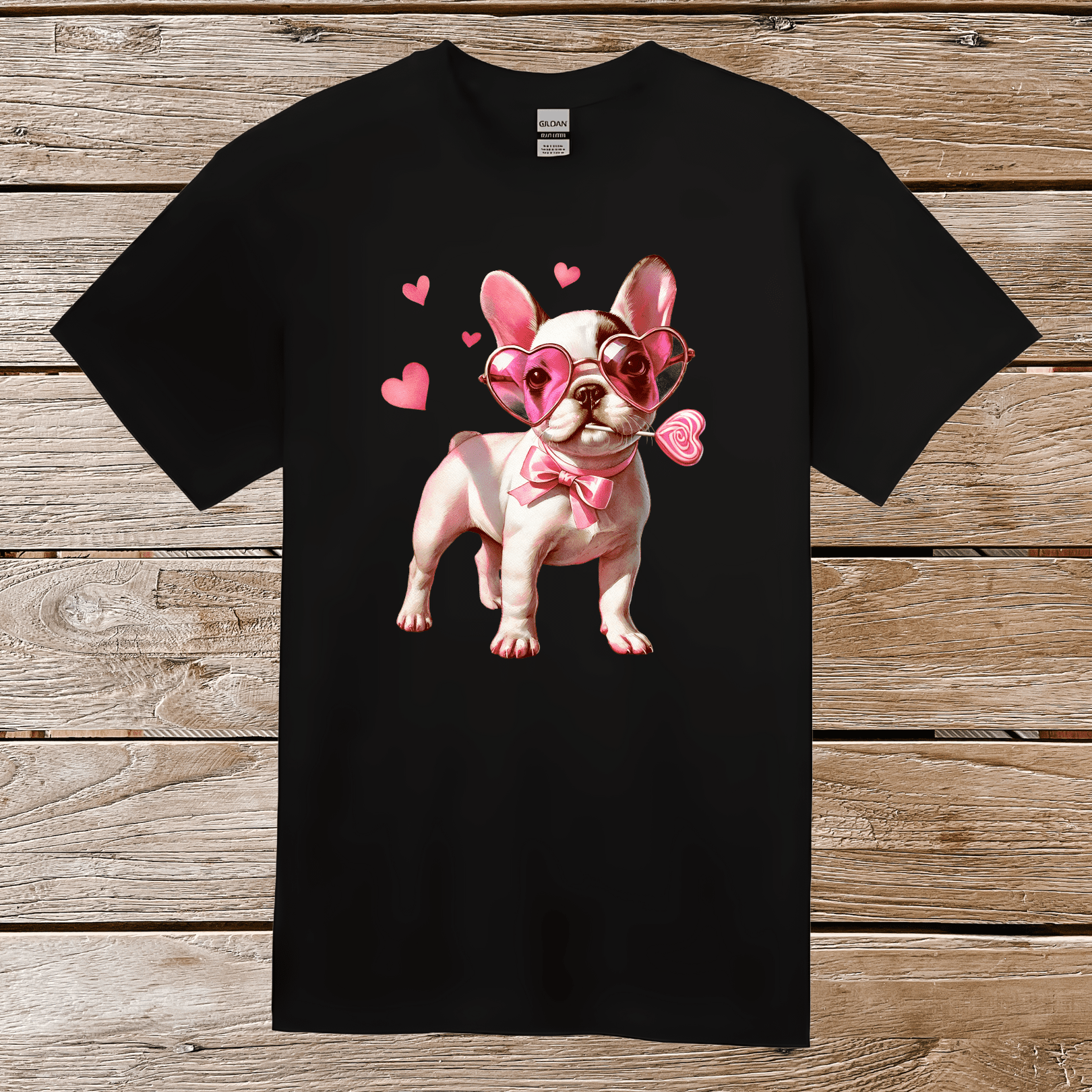 Cute French Bulldog puppy with pink heart sunglasses, bowtie, and lollipop on black adult Valentine's T-shirt