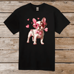 Cute French Bulldog puppy with pink heart sunglasses, bowtie, and lollipop on black adult Valentine's T-shirt