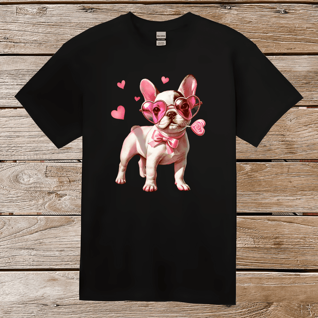 Cute French Bulldog puppy with pink heart sunglasses, bowtie, and lollipop on black adult Valentine's T-shirt