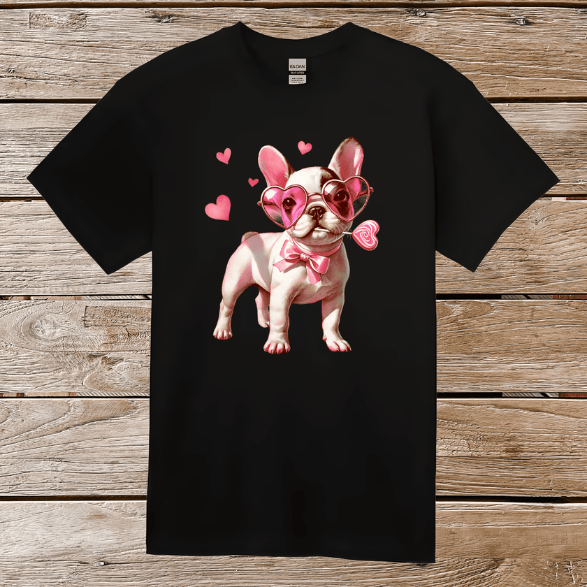 Cute French Bulldog puppy with pink heart sunglasses, bowtie, and lollipop on black adult Valentine's T-shirt