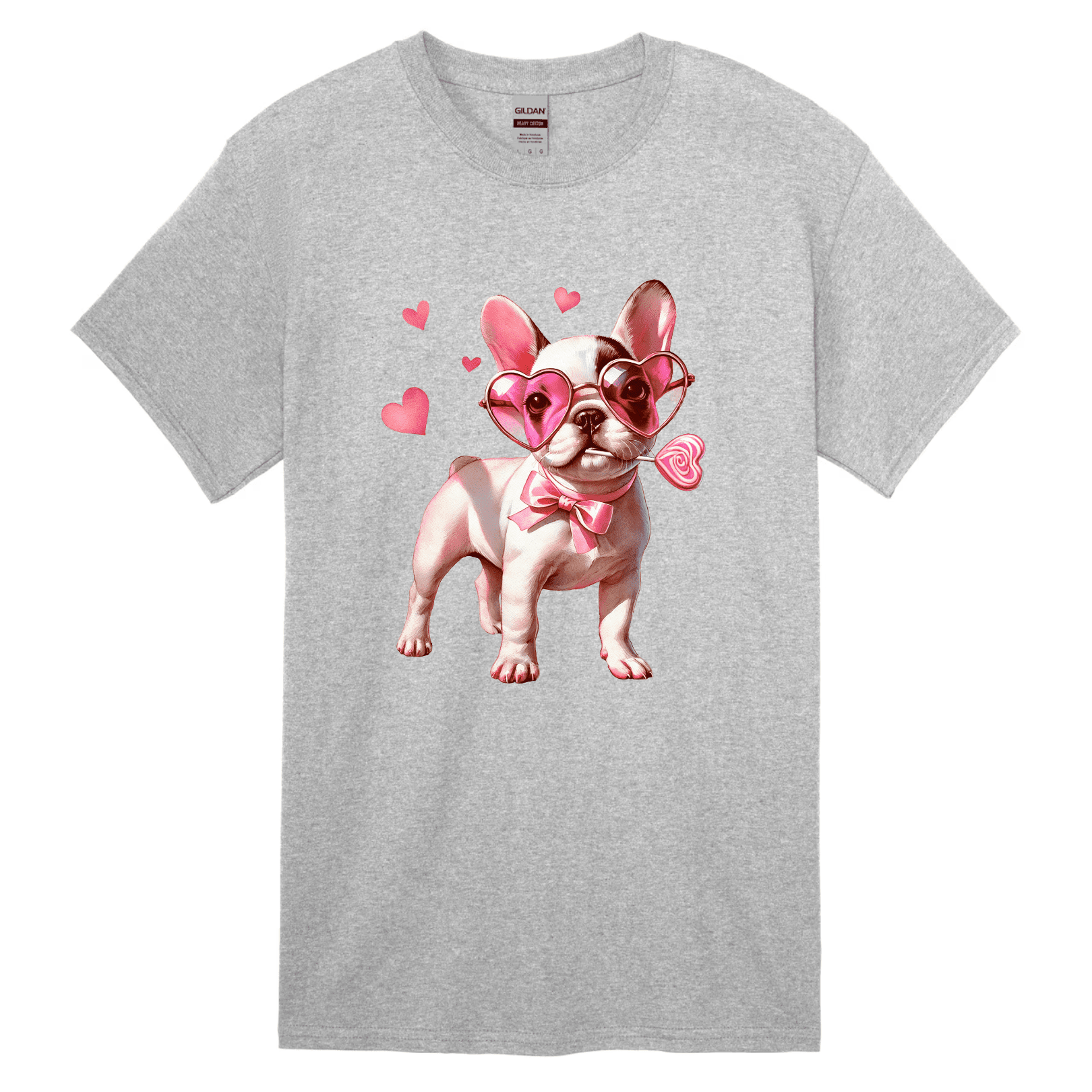 Charming Frenchie pup with heart lollipop and pink accessories on gray adult Valentine's shirt