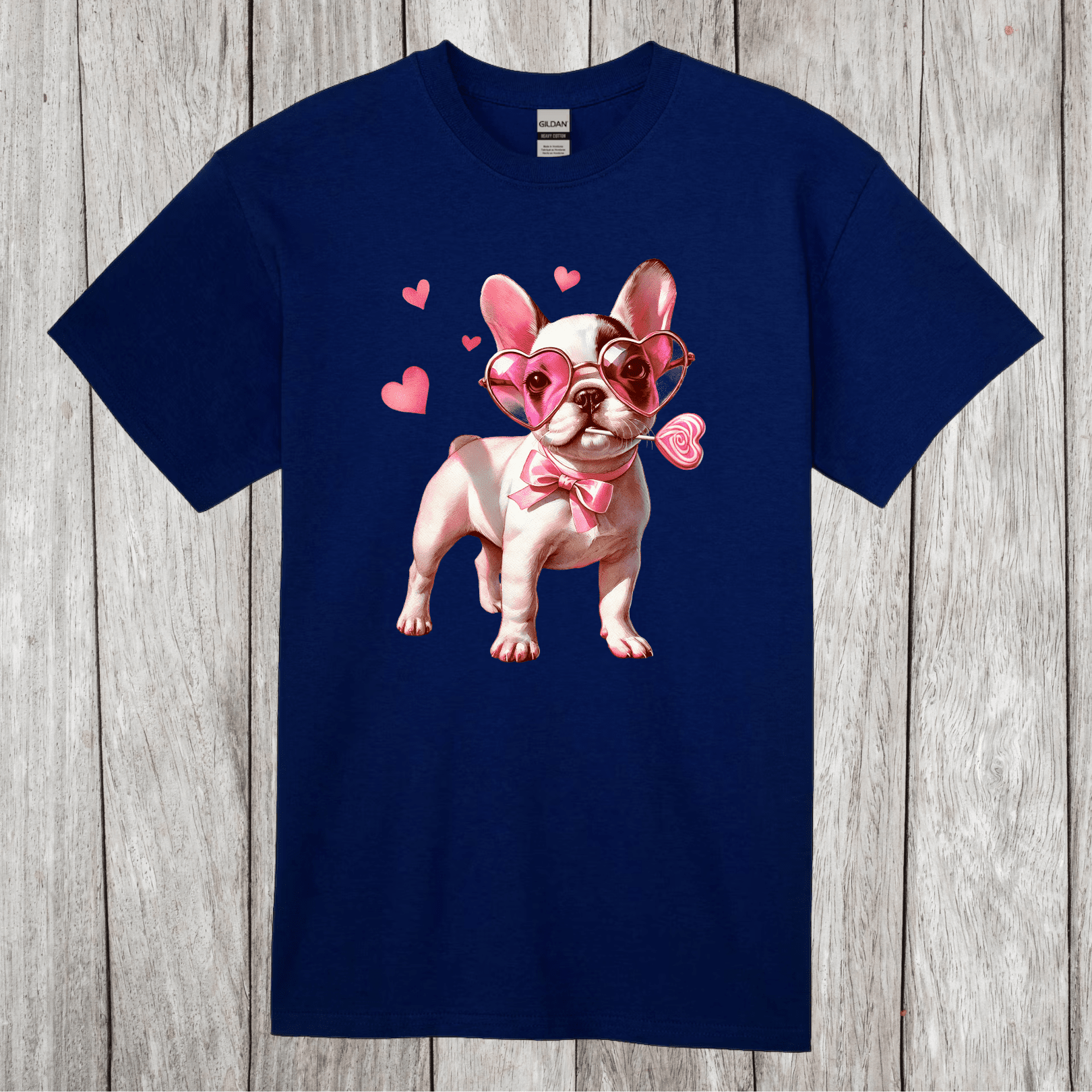 Cute bulldog in pink heart shades, bow, and candy graphic on navy blue adult T-shirt for dog lovers