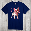 Cute bulldog in pink heart shades, bow, and candy graphic on navy blue adult T-shirt for dog lovers